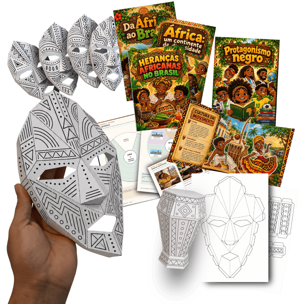 Kit Afrocraft: máscaras em papercraft, encartes com pop-ups e atividades sobre a África e o Brasil